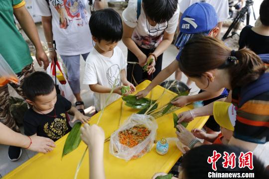 图为游客给大象包粽子 。 王成杰 摄